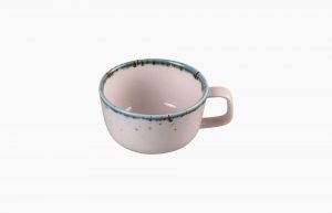 Cup 240ml Flirty. Porcelain cup. Coffee cup, tea cup. Pink-coloured cup with blue spots (reactive glazes application).