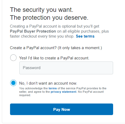 Pay with PayPal - Choose to create or not an account