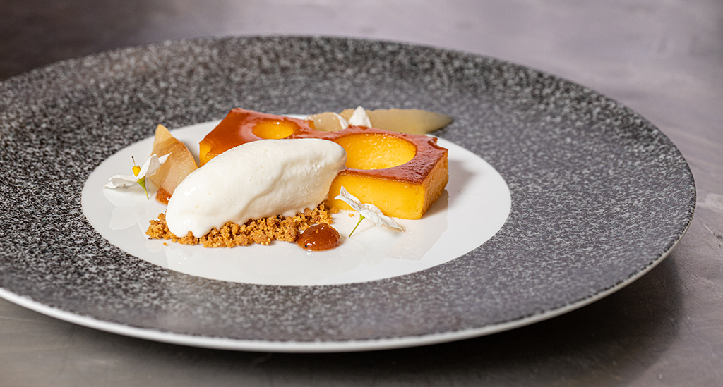 Chef Tony Martins' recipe for queijo da serra cheese pudding and pears, in a piece from the RAW Collection.